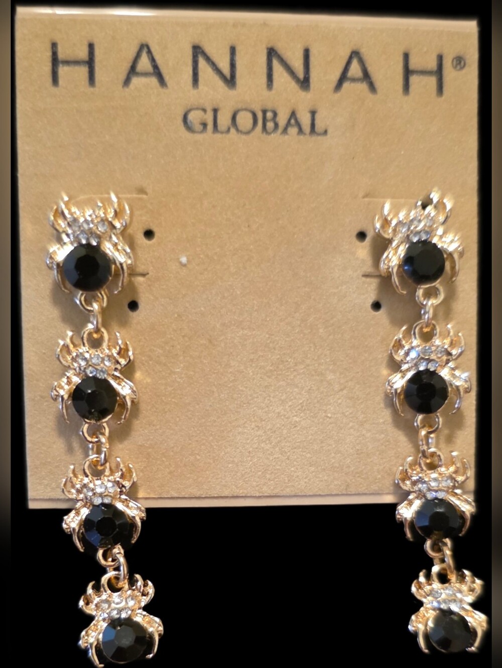 Goldtone Drop Earrings w/Black & Clear Stones